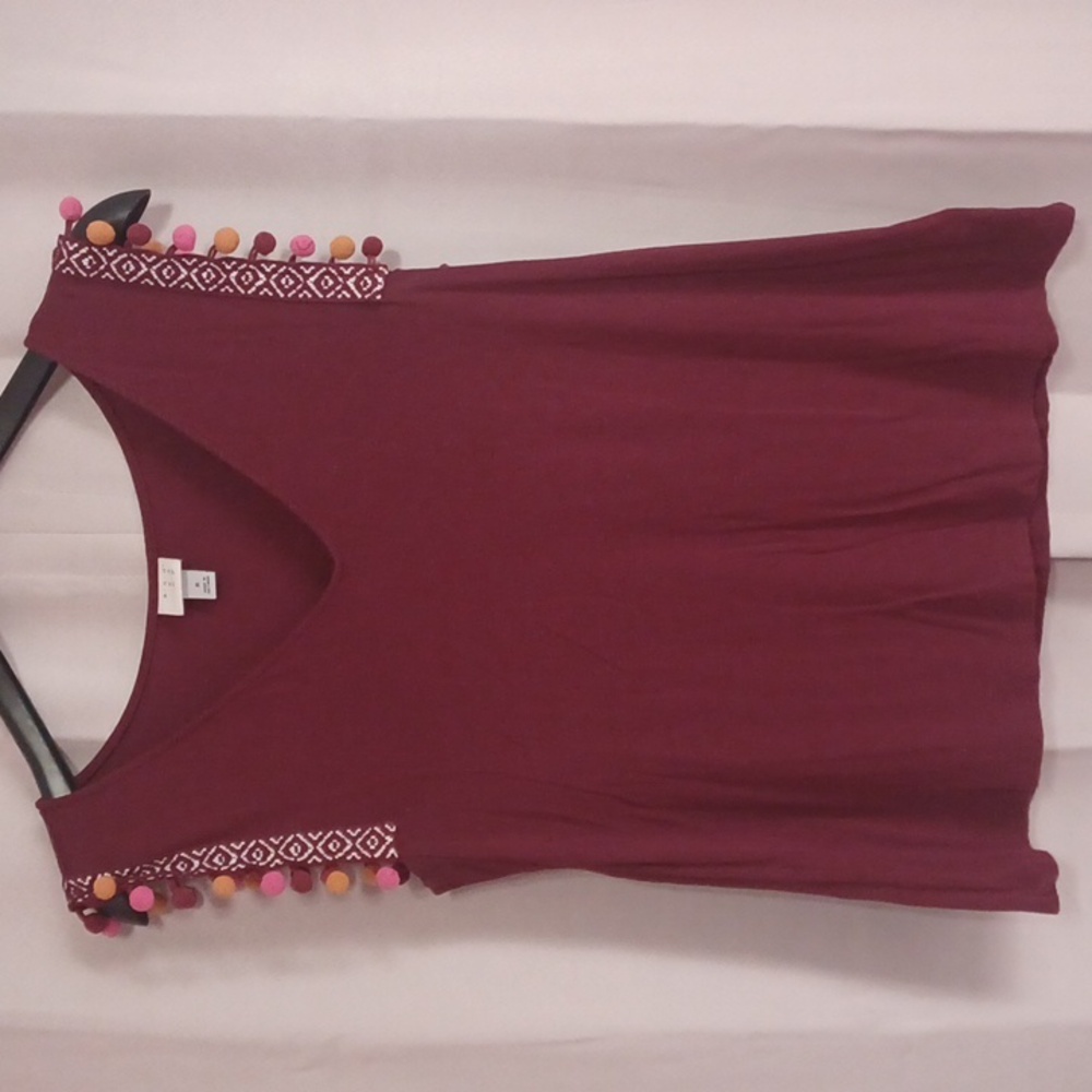 A New Day Maroon Sleeveless Top With Pom Pom Accent - Picture 1 of 12